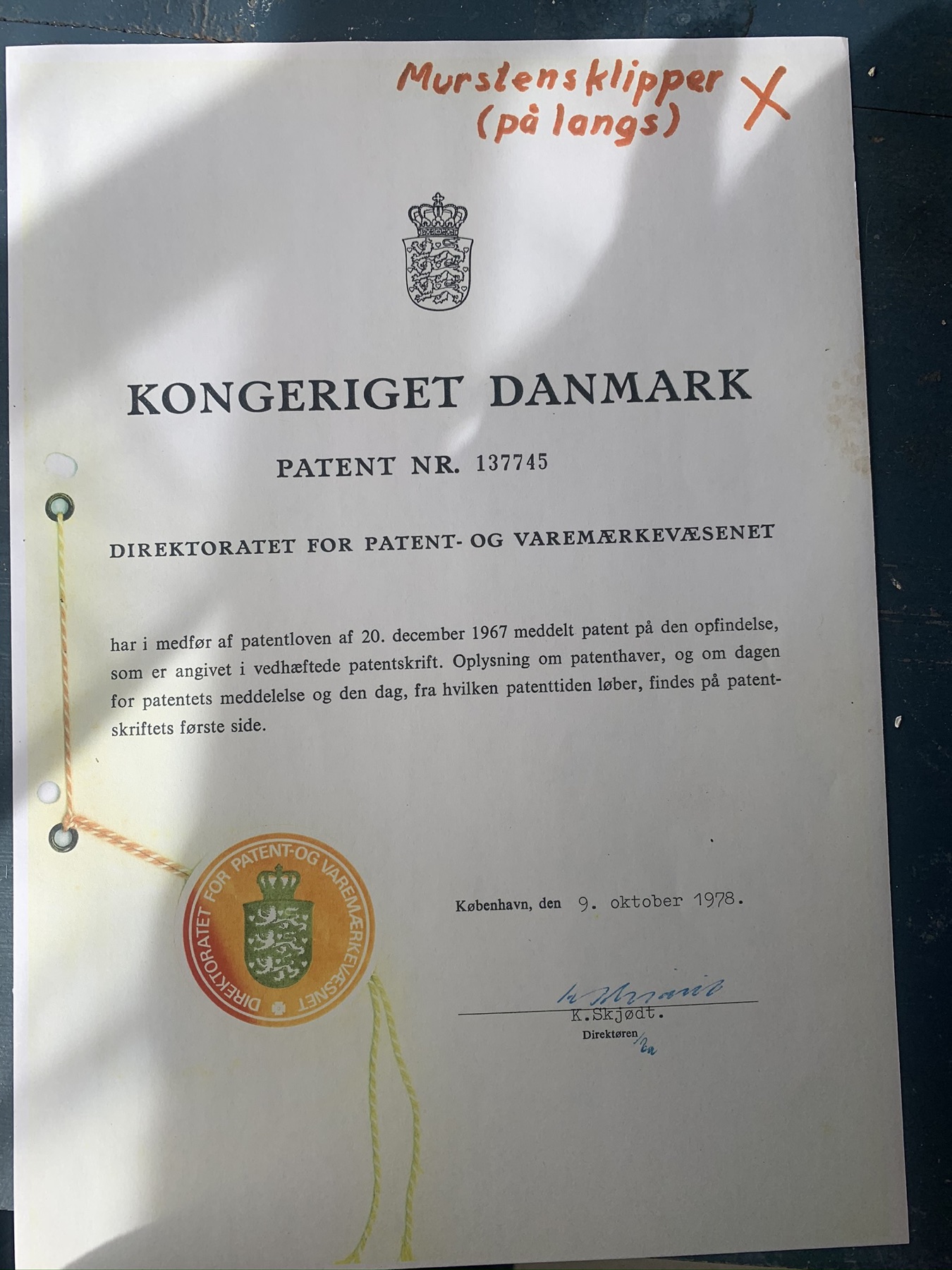 Historisches dänisches Patent Nr. 137745 vom 9. Oktober 1978