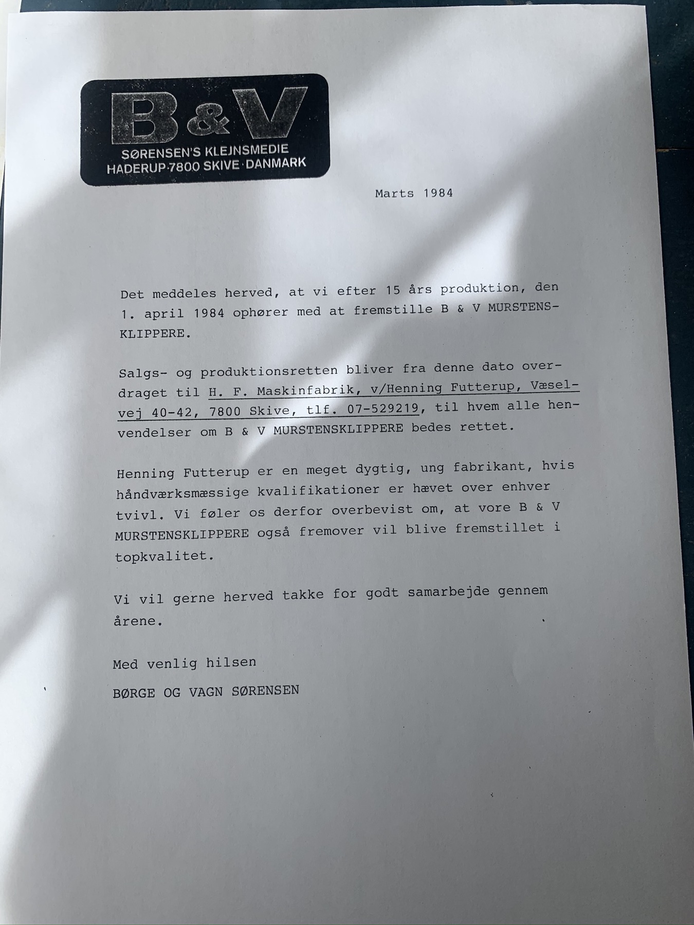 Originalschreiben von 1984 zur Übertragung der Produktionsrechte für B&V Ziegelschneider an Henning Futterup