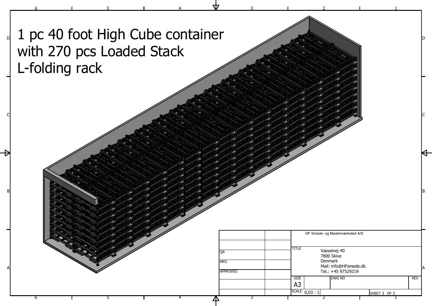 Vorschau des Beladungsplans für 40-Fuß-High-Cube-Container für 270 stapelbare L-Klappgestelle